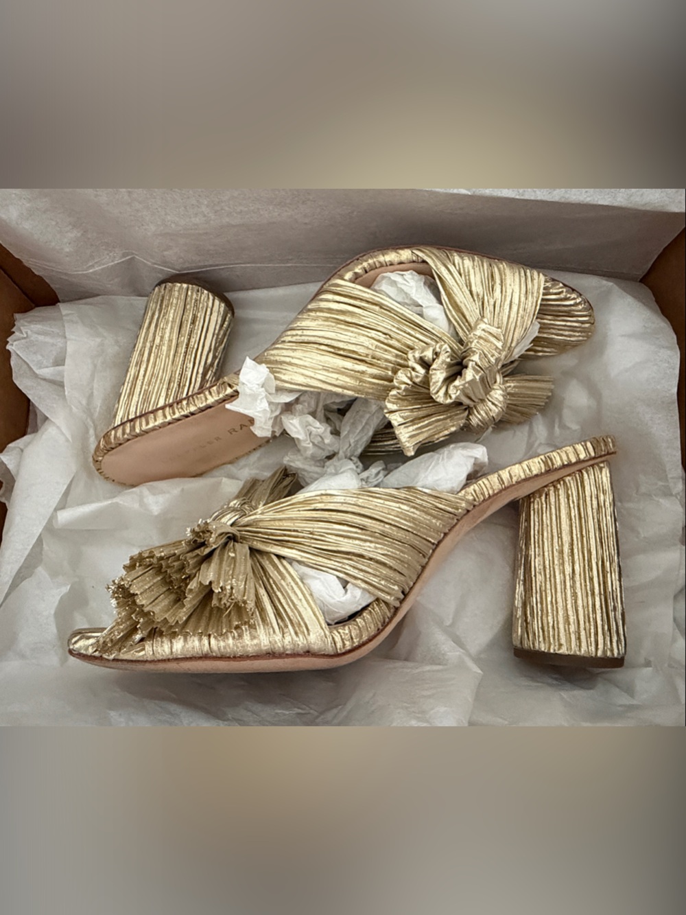 Loeffler Randall Penny Gold Pleated Bow Block Heel Sandals - Women's 6.5 - EUC